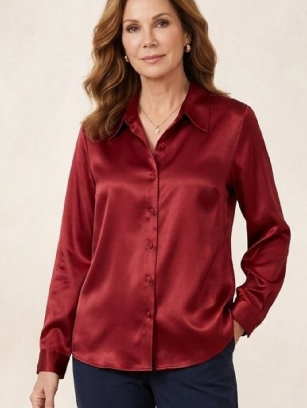 Kathie Lee Collection Vintage Red Satin Button-Down Long Sleeves Blouse Sz 16